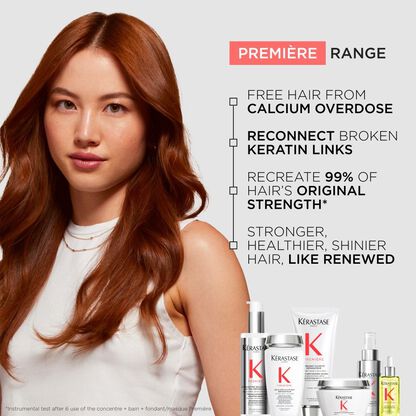 Modella con capelli lucenti e sani, presenta la gamma Premiere di Kerastase per ripristinare la forza dei capelli.