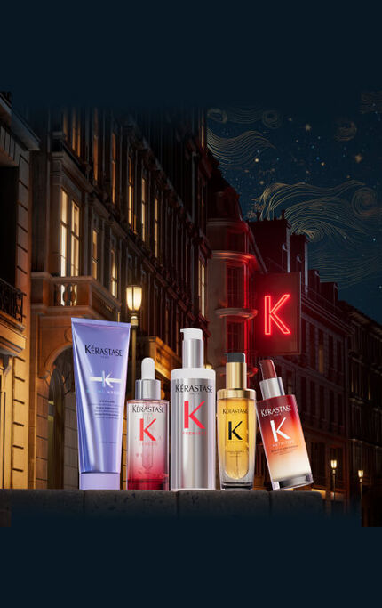 Un'illustrazione notturna che mostra prodotti cosmetici con una insegna luminosa "K" su uno sfondo di una strada urbana.