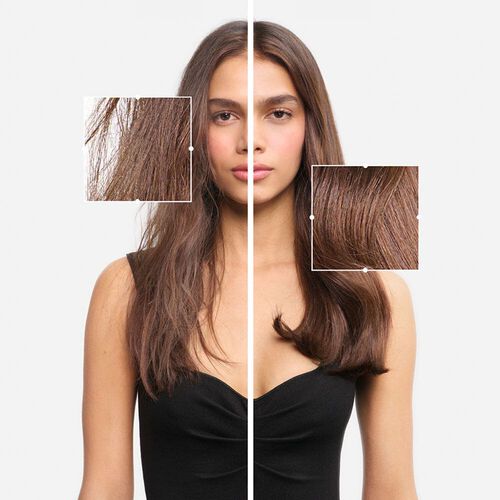 A woman with long, straight brown hair is divided in the center of the image, showcasing two different sections of her hair. One section appears frizzy and textured, while the other is smooth and sleek. She is wearing a black sleeveless top and has a neutral expression.