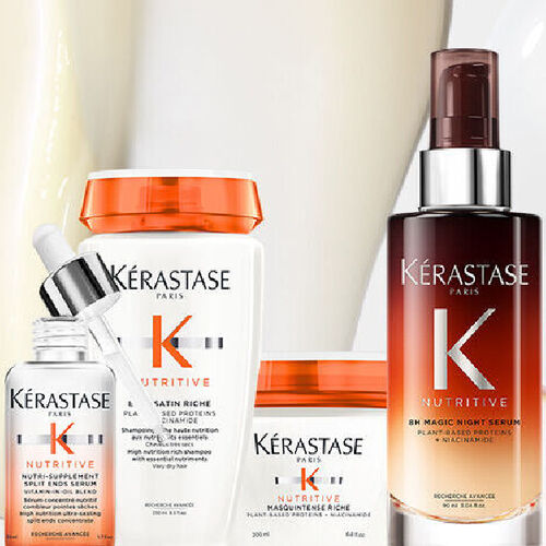 Immagine che mostra una selezione di prodotti per la cura dei capelli Kerastase della linea Nutritive, inclusi sieri, maschere e trattamenti.