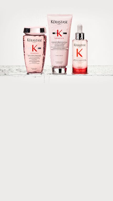 La routine Genesis composta da 3 prodotti posizionati sul bordo del lavandino del bagno.