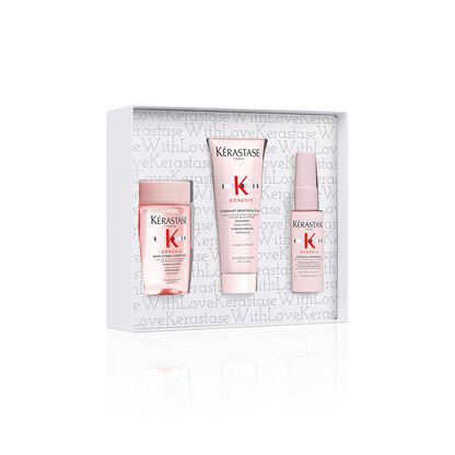 Set di prodotti per capelli Kerastase Genesi, contenente shampoo, balsamo e trattamento. Scatola elegante con logo.
