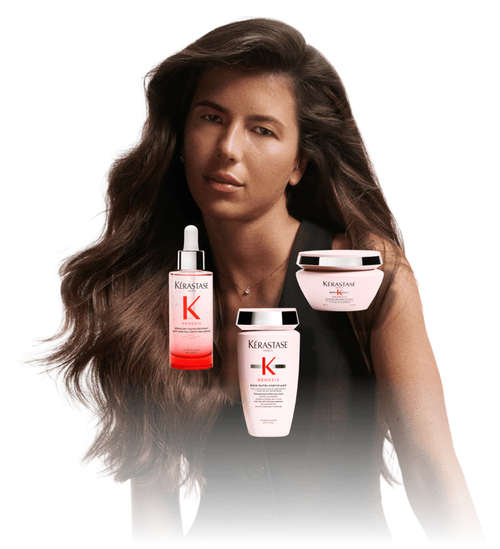 Donna che mostra la maschera, lo shampoo e il siero Kerastase Genesis sovrapposti, che illustra una routine di cura.