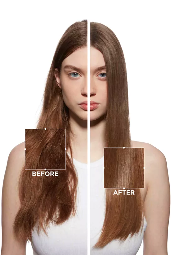 Foto dei capelli prima e dopo un trattamento Fusio-Dose