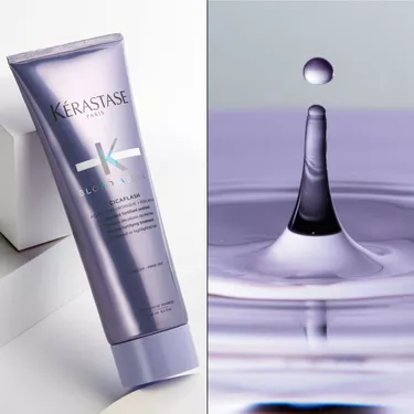 Il fondant cicaflash Blond Absolu Kerastase e posizionato in piedi su una base trasparente.