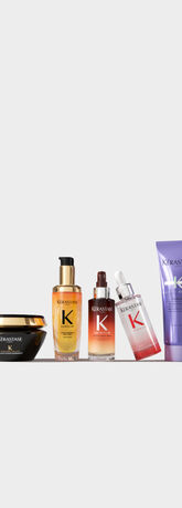 Quattro prodotti per capelli Kerastase in un layout moderno su sfondo bianco, evidenziando eleganza e cura.