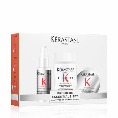 Set Kerastase Premiere Essentials per tutti i tipi di capelli danneggiati, con shampoo, maschera e siero.