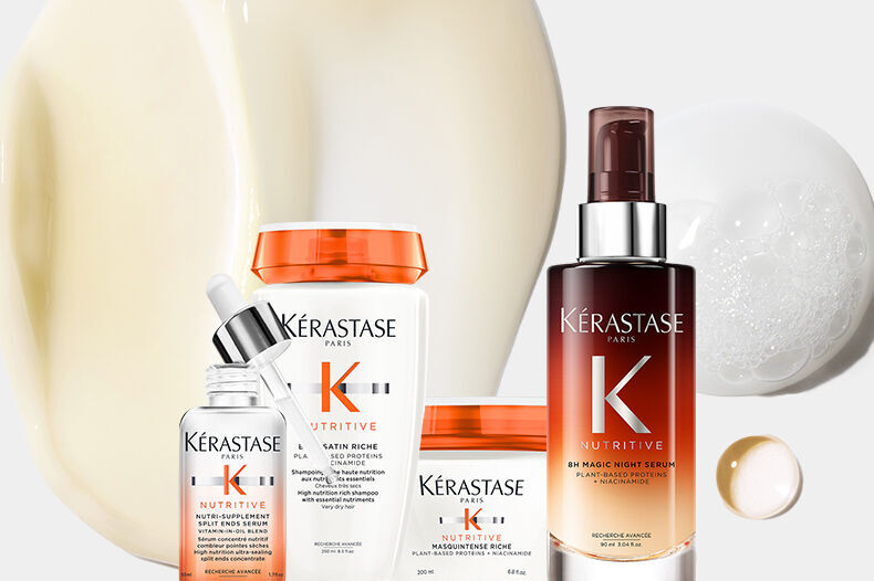 A collection of Kerastase Nutritive hair care products, including a serum, conditioner, and cream, displayed with a creamy texture in the background.