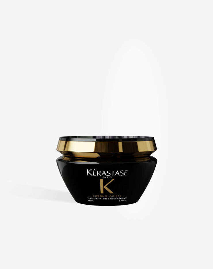 Maschera per capelli Kerastase Chronologiste Masque Intense Regenerant in un vasetto nero di alta qualita con coperchio dorato.