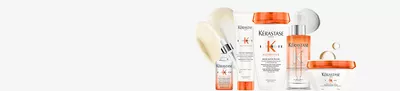 A collection of Kerastase hair care products displayed on a white background, including bottles and jars with a focus on nourishing and treatment formulas.