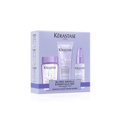 Set Kerastase Blond Absolu per capelli biondi, composto da shampoo, maschera e siero in confezione elegante.
