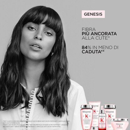 Immagine promozionale di prodotti Kerastase Genesis, evidenziando efficacia contro la caduta dei capelli.