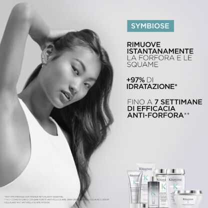Modella sorridente presenta i prodotti per capelli SYMBIOSE di Kerastase, evidenziando idratazione e rimozione della forfora.