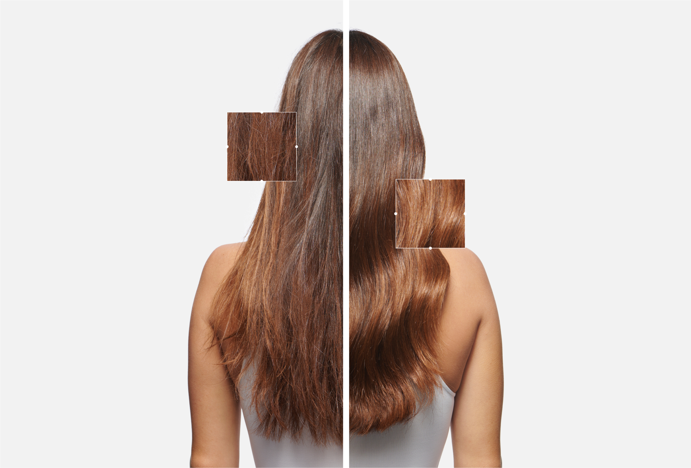 Due sezioni di capelli lunghi: a sinistra, capelli danneggiati e a destra, capelli sani e lucenti.