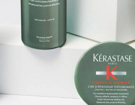 Due prodotti Kérastase: uno spray senza risciacquo e una cera texturizzante della linea Genesis Homme.