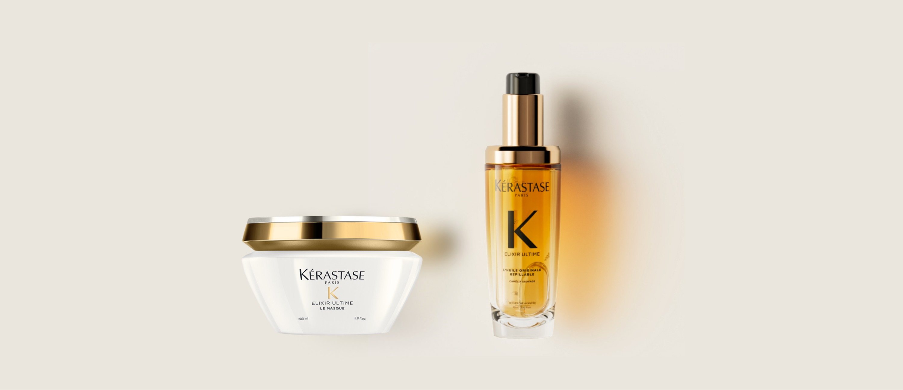 La maschera Elixir Ultime e il nuovo olio ricaricabile Elixir Ultime sono presentati su uno sfondo beige.