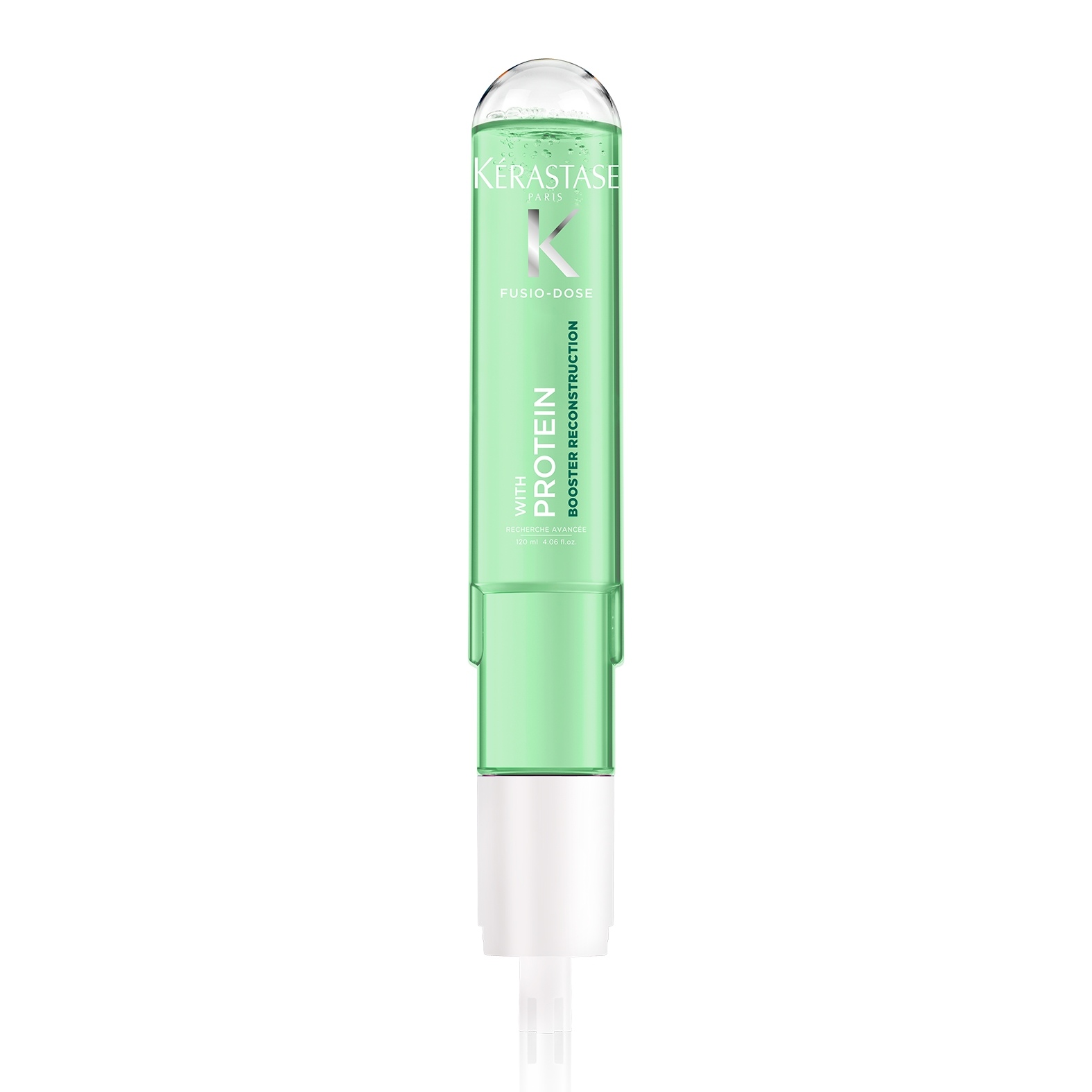 Siero per capelli Kérastase Fusio-Dose, contenitore verde con applicatore, specializzato in protezione e rigenerazione.