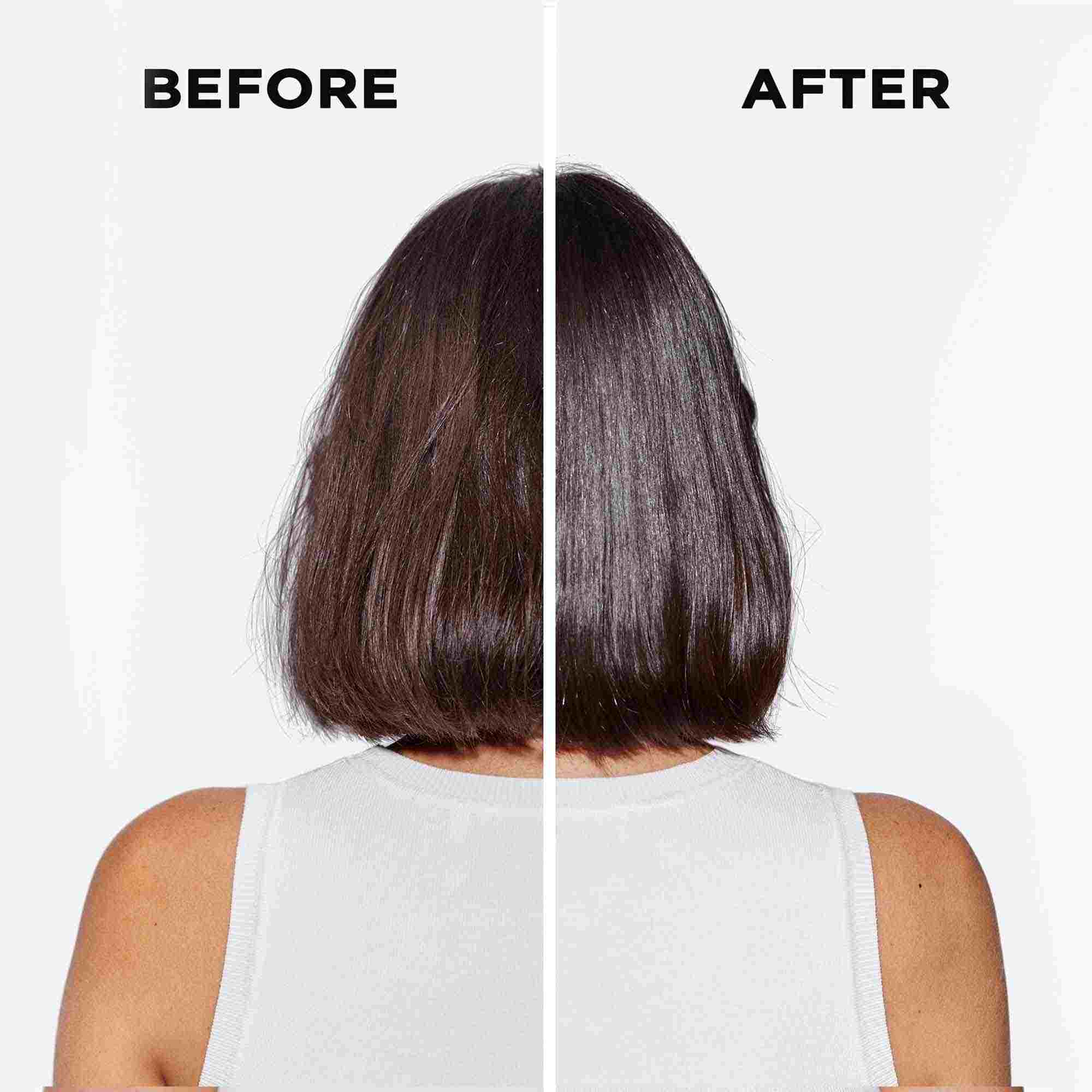 Immagine che mostra un nuovo taglio di capelli: a sinistra il prima, a destra il dopo, con capelli lucenti e ordinati.