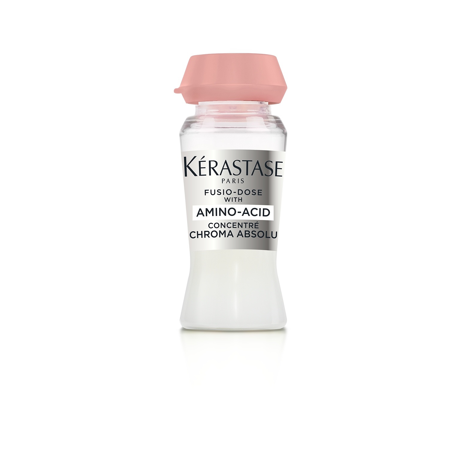 Flacone di Kérastase con fusione di aminoacidi per trattamento capelli, design elegante e colore bianco con tappo rosa.
